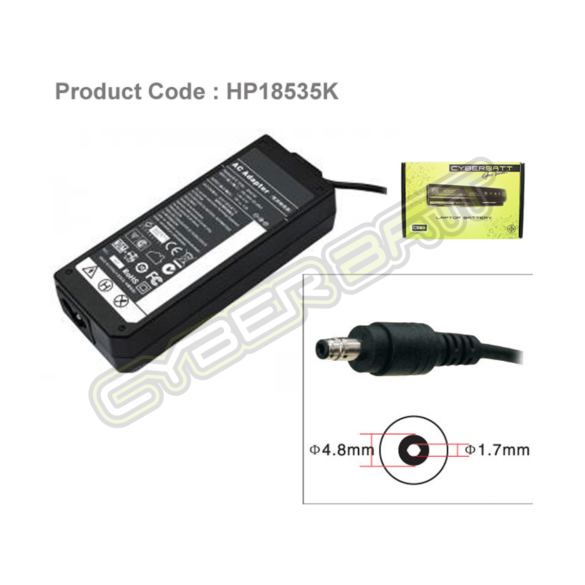 Adapter HP 18.5V-3.50A : 65W (4.8*1.7*12 mm Bullet) Cyberbatt