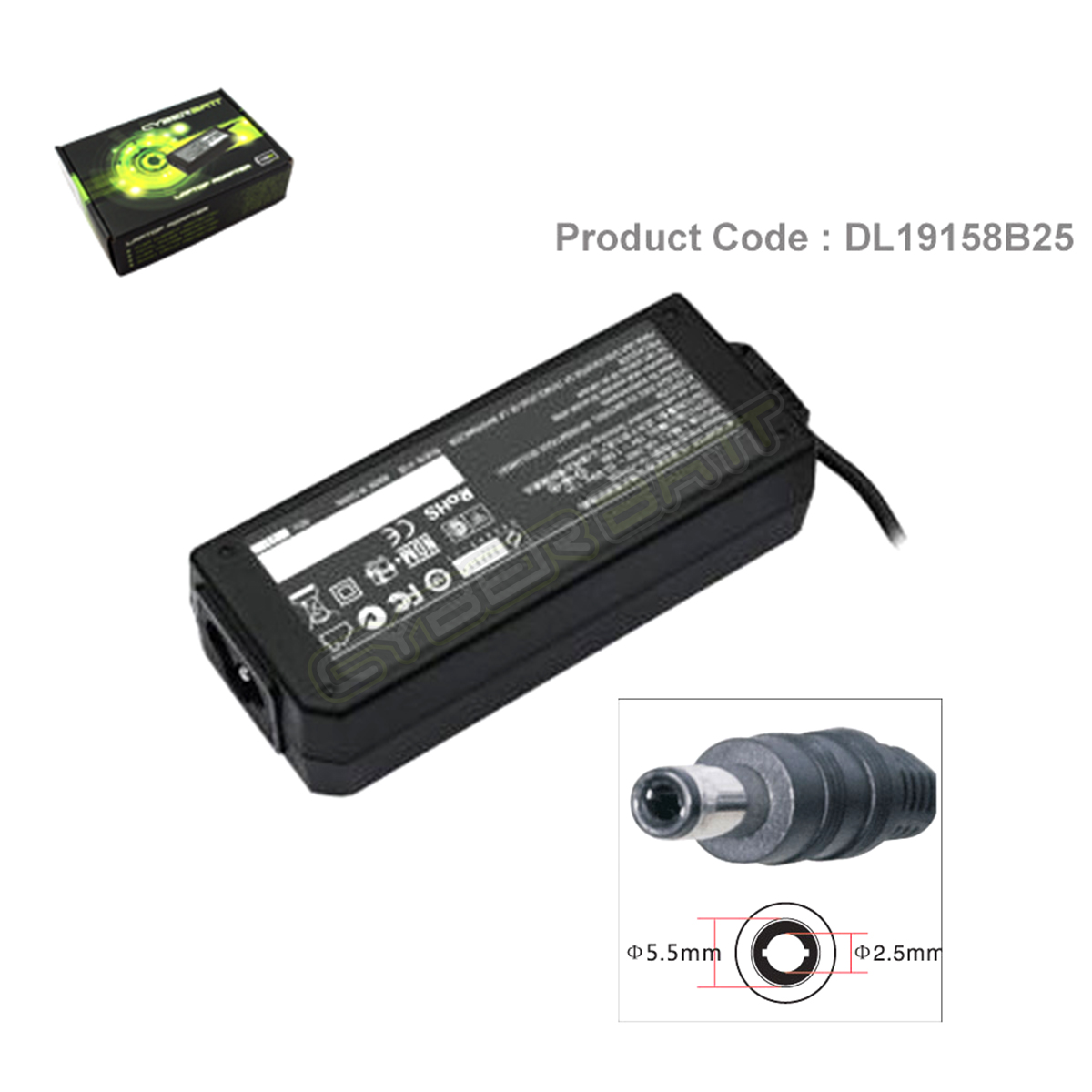 Adapter Dell 19.0V-1.58A : 30W (5.5*2.5*12 mm) Cyberbatt