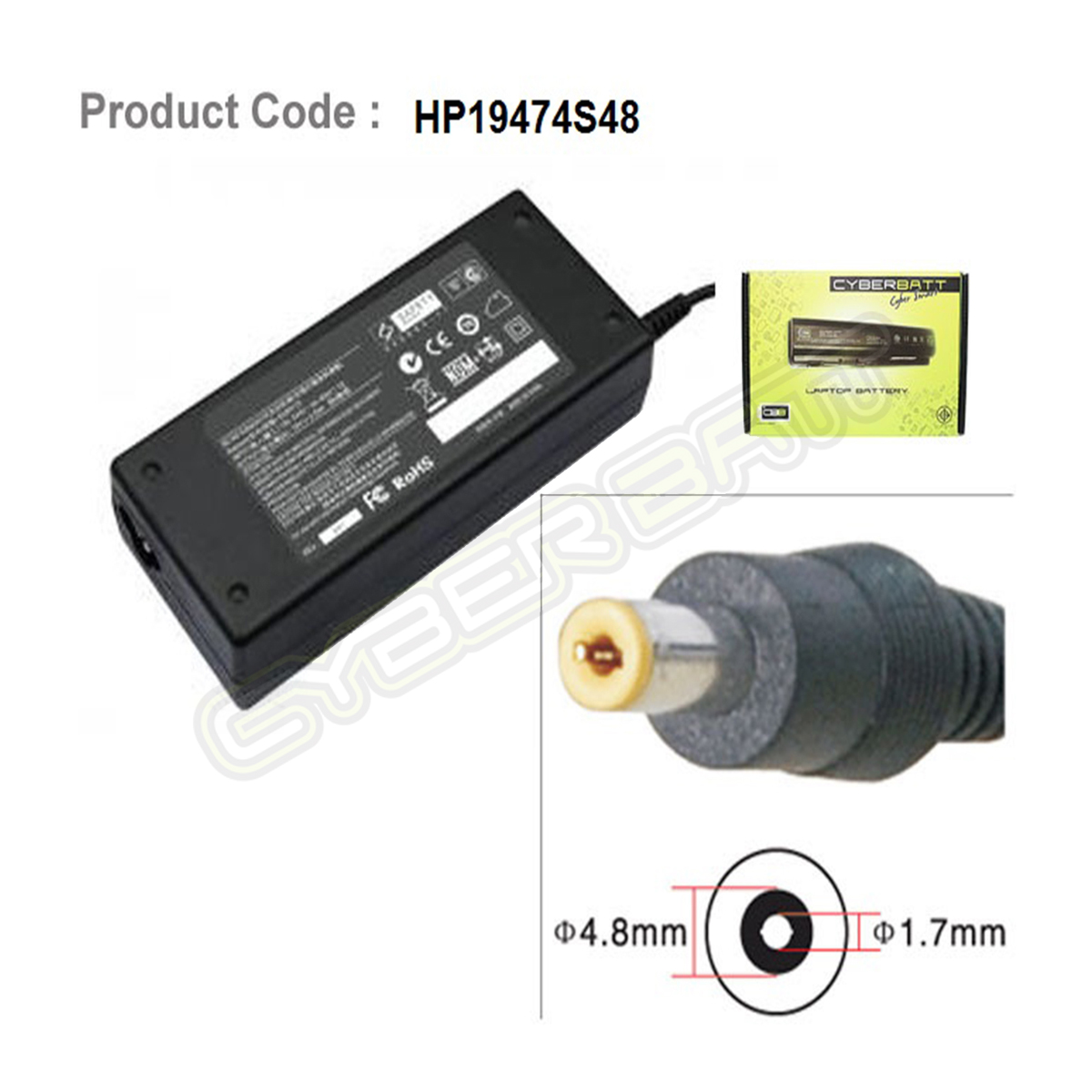 Adapter HP 19.0V-4.74A : 90W (4.8*1.7*12 mm) Cyberbatt