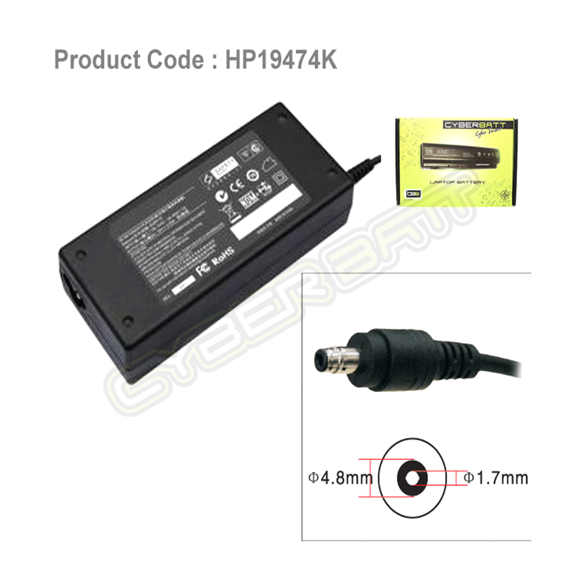 Adapter HP 19.0V-4.74A : 90W (4.8*1.7*12 mm Bullet) Cyberbatt