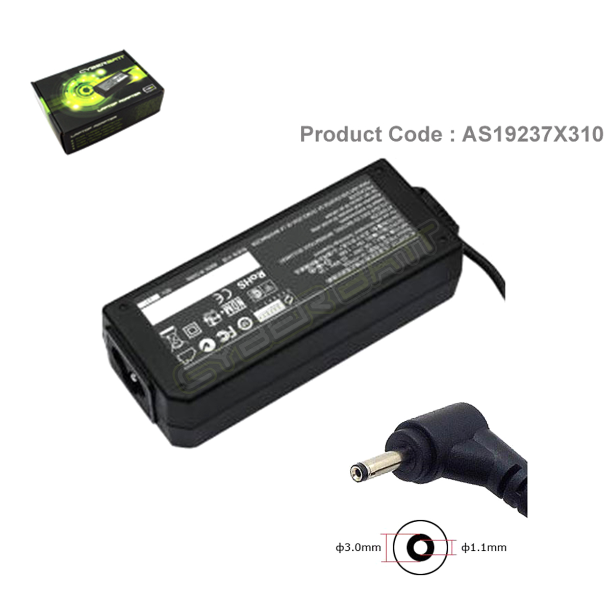 Adapter Asus 19.0V-2.37A : 45W (3.0*1.1*10 mm) Cyberbatt