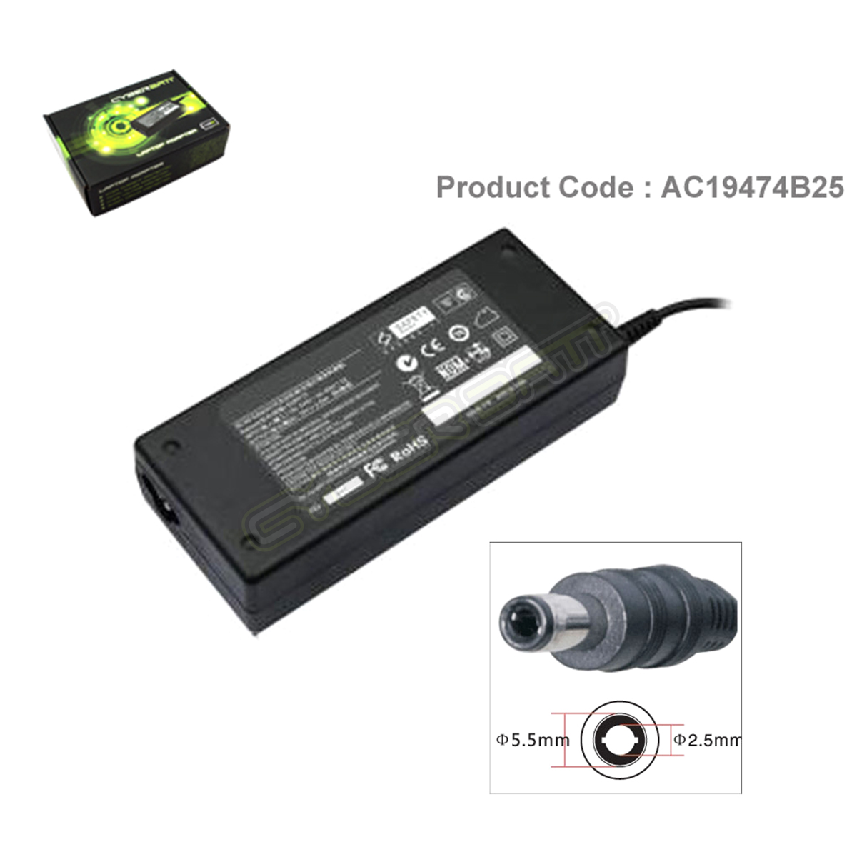 Adapter Asus 19.0V-4.74A : 90W (5.5*2.5*12 mm) Cyberbatt